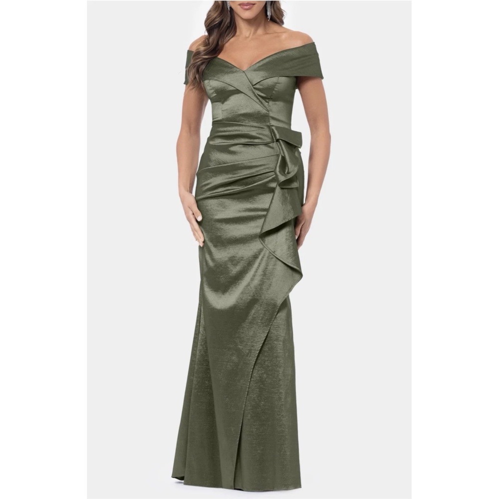 Xscape Evenings Off-Shoulder Taffeta Gown Size 8 Olive Green Sweetheart Maxi - Picture 2 of 8